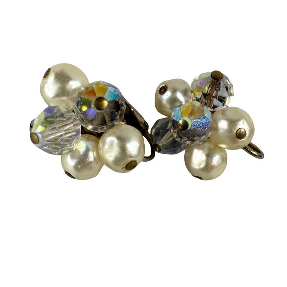 Vintage Faux Pearl & Crystal Beaded Cluster Clip-On Earrings Women MCM - Picture 1 of 16